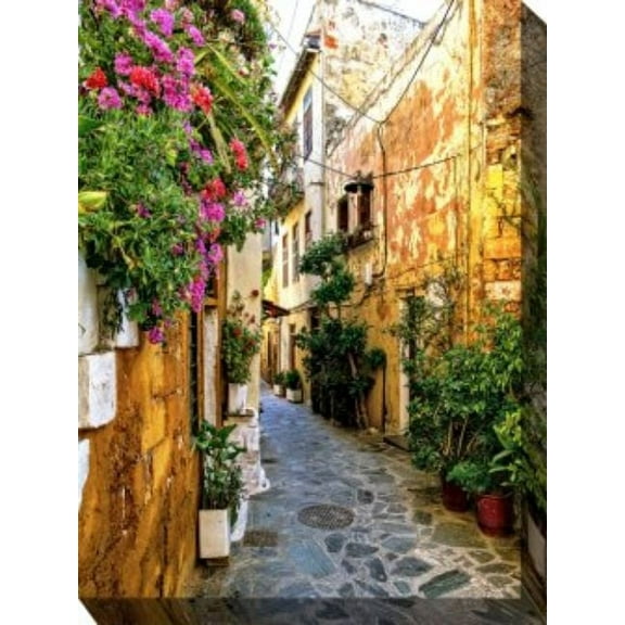Outdoor Living and Style Pink and Green Chania Alley Outdoor Canvas Rectangular Wall Art Decor 40" x