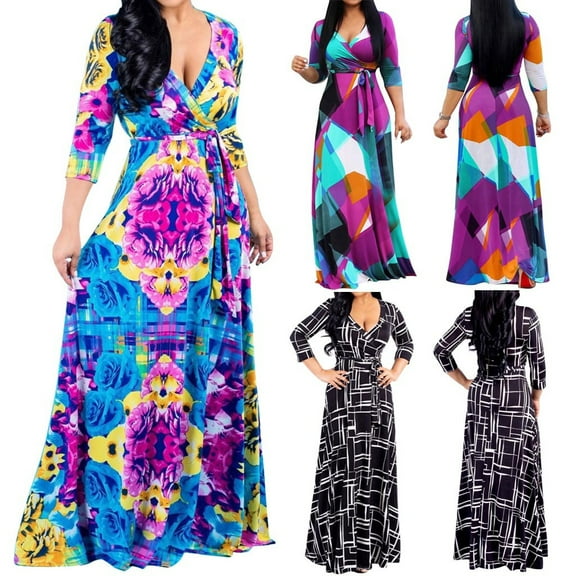 Utoimkio Women's Casual 3/4 Sleeve Floral Print Maxi Dresses V Neck Loose Fit Full Length Long Dresses for Women