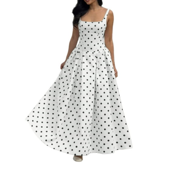 HAOTAGS Dresses for Women, Casual Polka Dot Waist-Cinching Sleeveless Strap Dress White S
