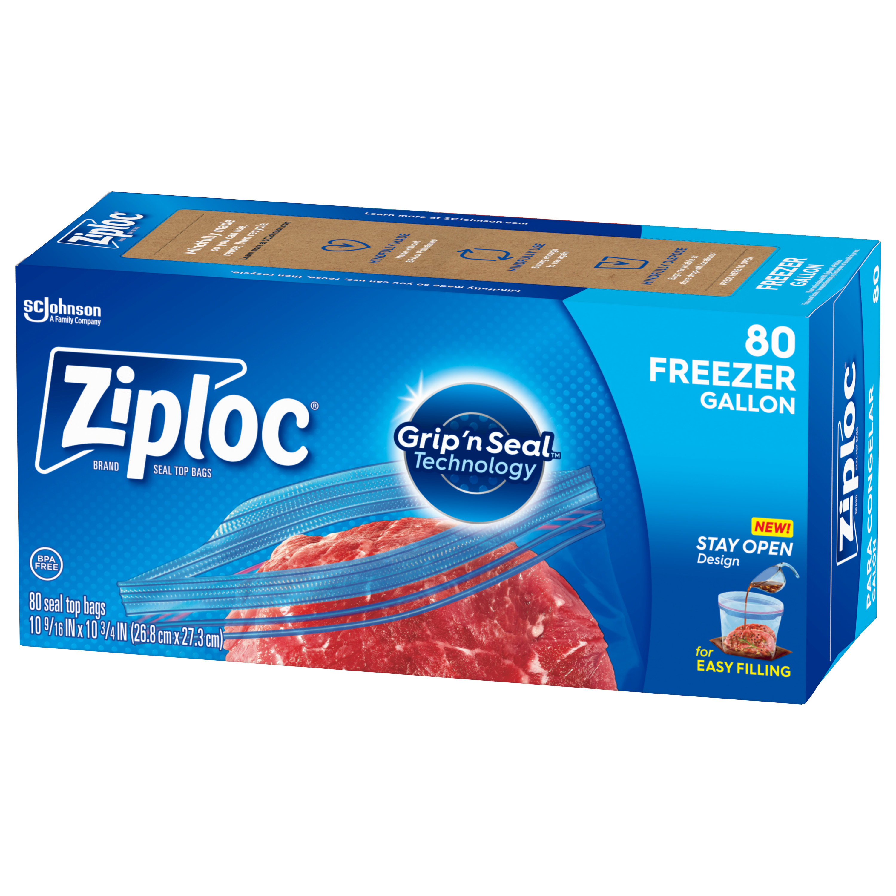 Ziploc® Brand Freezer Bags with New Stay Open Design, Gallon, 80 ...