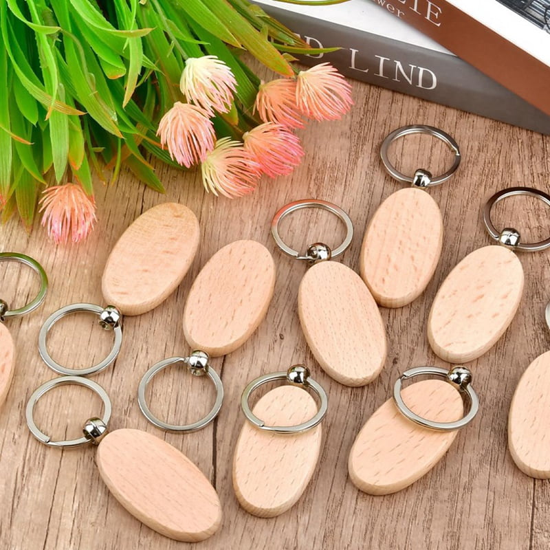 60PCS Oval Wooden Keychain Blanks Unfinished Wood Keychain Blank Key Ring Key Tag Wood Engraving Blank Keychains