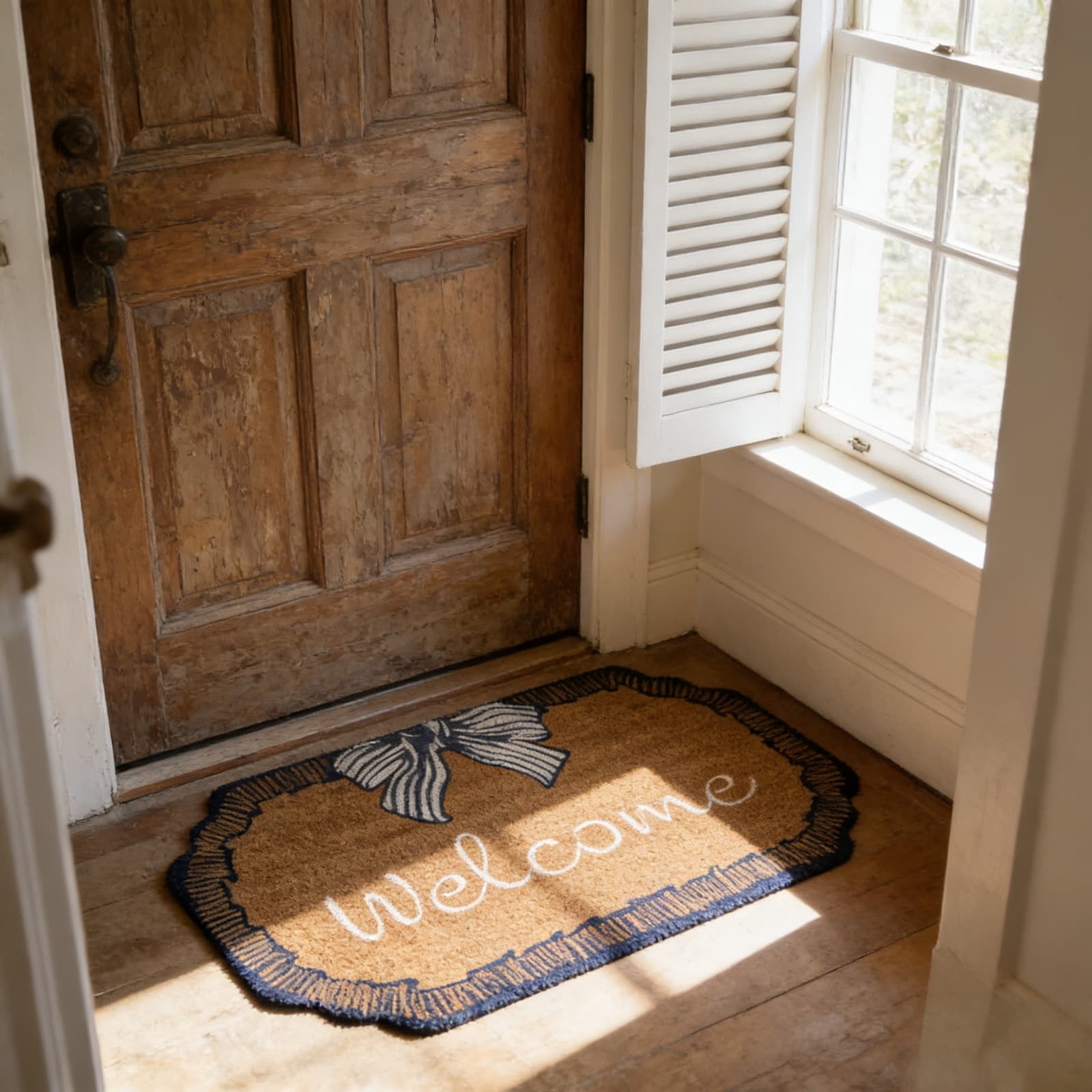 Bow Welcome Coir Outdoor Doormat, Blue and White, 35.4"×23.6"，Non-Slip Entryway Rug for Home Entrance Indoor Outdoor Use