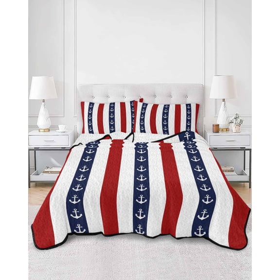 Quilts Twin XL Size, Nautical Anchor Soft Comforter Bedding Set for Bed, Red Navy Blue White Stripe Geometric Lightweight Quilted Bedspread with Pillow Cover(2 Pieces) for All Season, 68x98 Inch