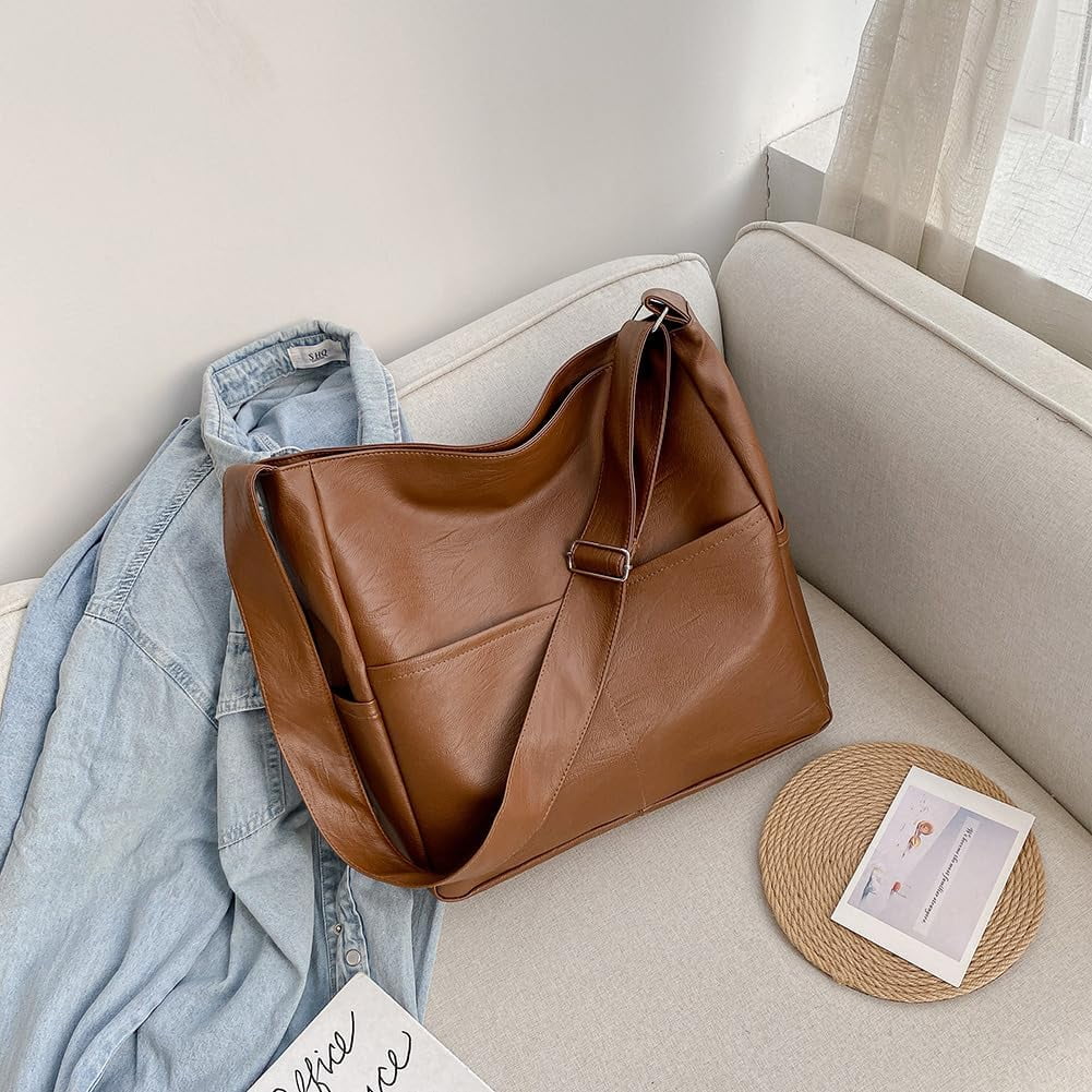 Kukuzhu Faux Leather Tote Bag with Pockets Women Shoulder Bag College Tote Bag Hobo Crossbody Bag for Work Travel