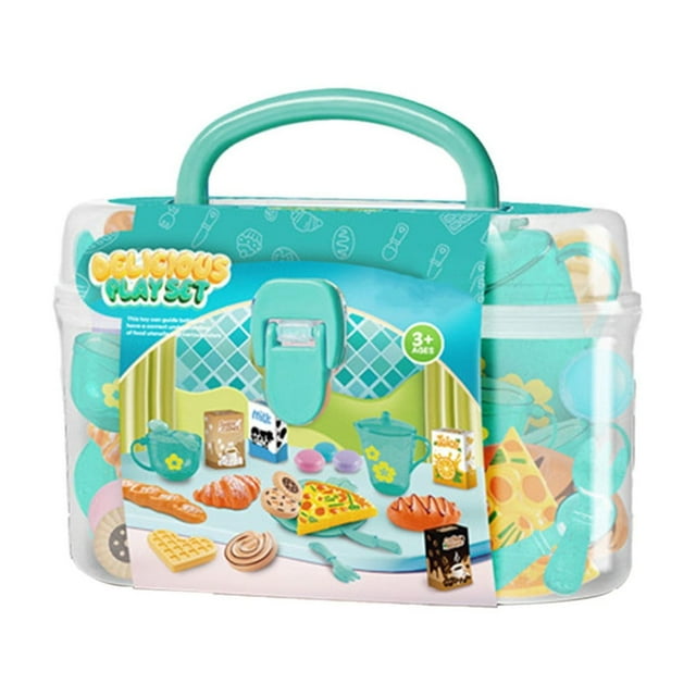 Portable Pretend Play Kitchen Set with 25pc Plastic Food - Foldable Suitcase Design for Travel, Toddler Cooking Toy Develops Fine Motor Skills, Learning Gift for Child