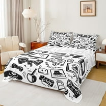 jejeloiu Teens Gamepad Twin Sheet Sets,Modern Gamer Twin Fitted Sheet,Sketch Video Game Flat Sheet For Boys Kids,Ultra Soft Home Decor,3 Pieces