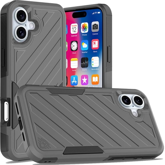 TJS for iPhone 16 Phone Case, [Military Grade] Noble Lined Shockproof Dual Layer Hybrid Protective Cover (Grey/Black)