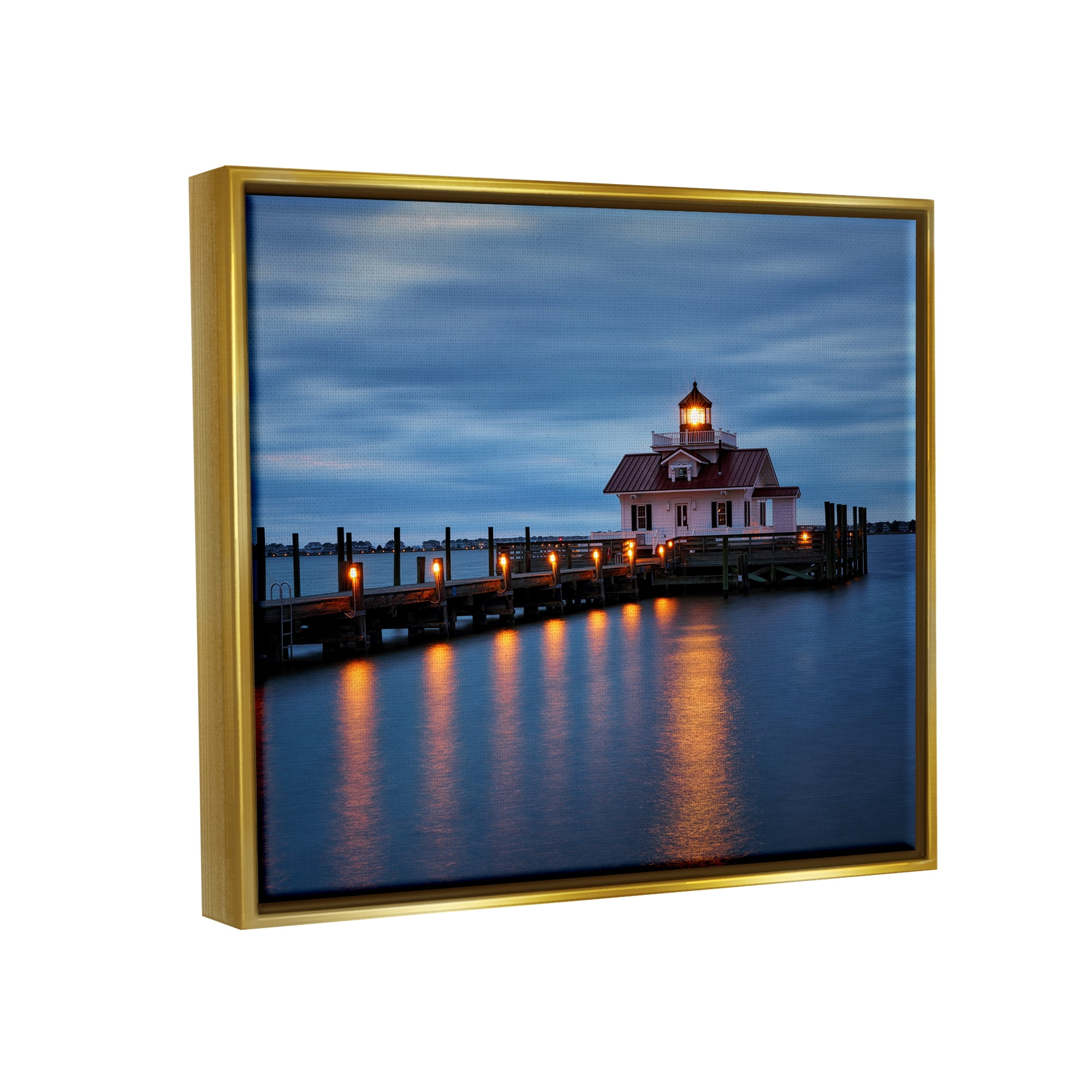 Stupell Calm Nighttime Bridge Coastal Lights Landscape Photography Gold Floater Framed Art Print Wall Art