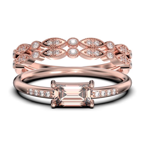 Beautiful Minimalist 1.95 Carat Emerald Cut Morganite And Diamond Moissanite Engagement Ring, Wedding Ring, Two Matching Band In Silver With 18K Rose Gold Plating, Gift For Her, Anniversary Ring