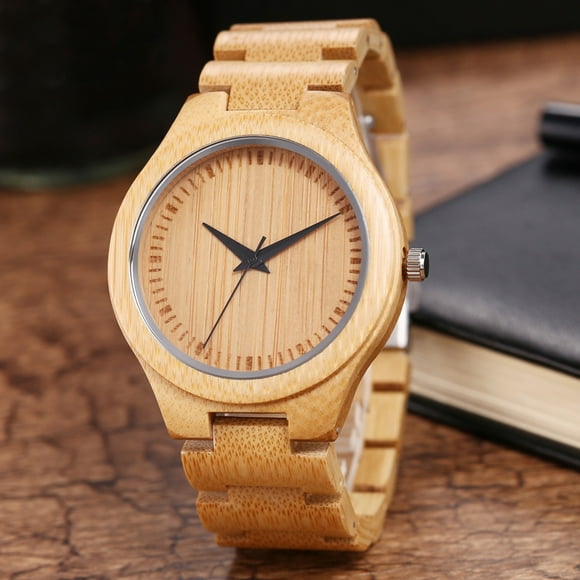 Sarkoyar Fashion Men Round Dial Bamboo Band No Number Analog Quartz Wrist Watch Gift