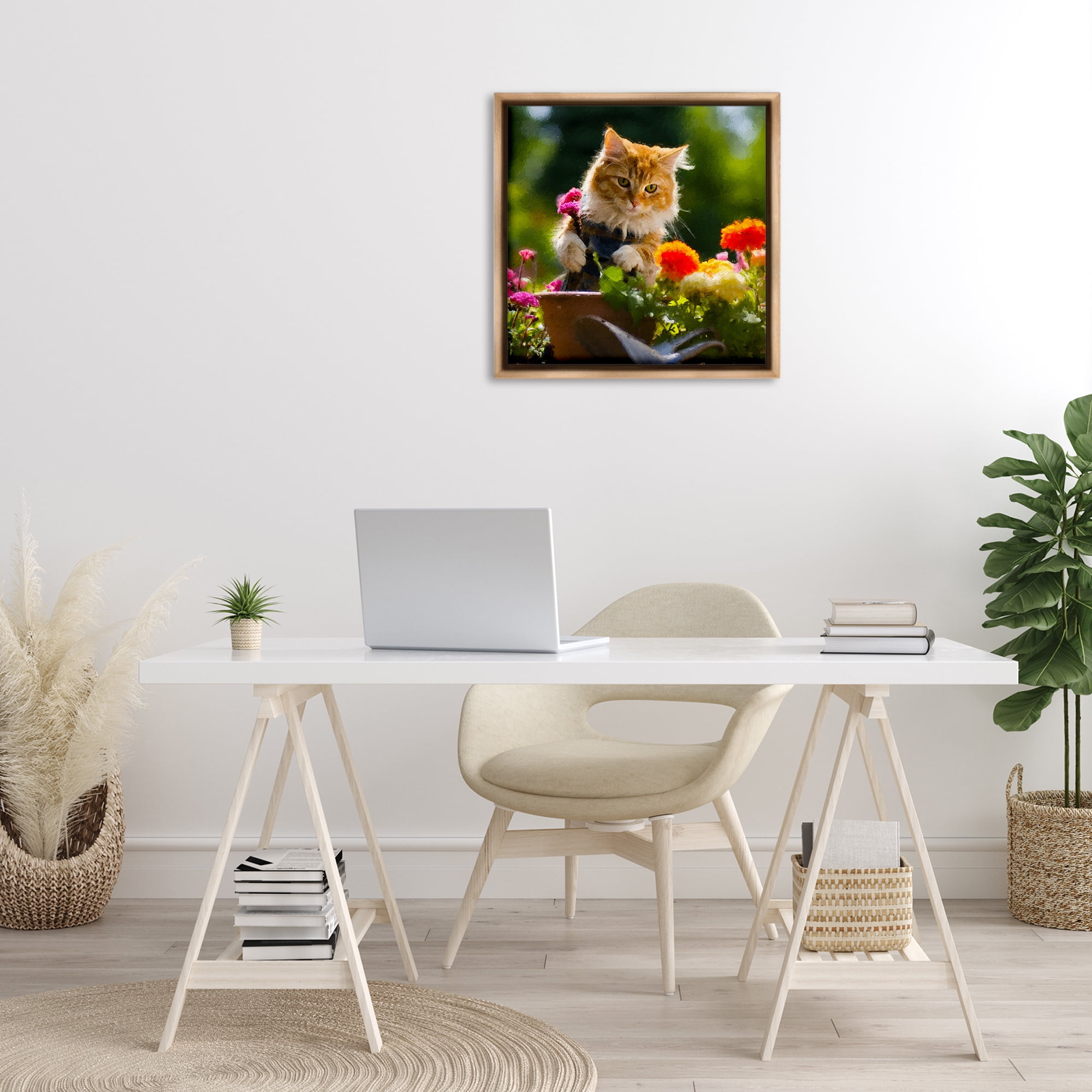 Stupell Industries Spring Gardener Kitten Animals & Insects Painting Brown Floater Framed Canvas Art Print Wall Art, 25 x 25