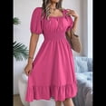 thumbnail image 4 of Vestido Corto Bohemio de Verano para Mujer, con Escote Cuadrado, Mangas Abullonadas, Hombros Descubiertos, Fruncido, Informal, de Corte A, con . Rosa Roja L, 4 of 10