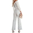 thumbnail image 4 of hirigin Women Wide Leg Jumpsuit Solid Color Long Sleeve V Neck Floral Lace Romper Nightclub Wear Streetwear, 4 of 9