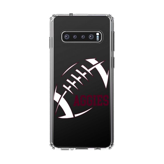 DistinctInk Clear Shockproof Hybrid Case for Samsung Galaxy S10 (6.1" Screen) - TPU Bumper, Acrylic Back, Tempered Glass Screen Protector - Aggies Football - Maroon, White