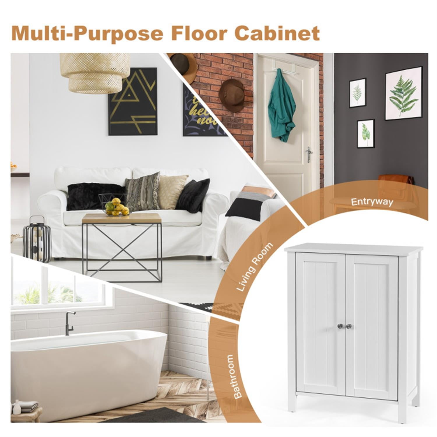 Demi Bonn Bathroom Storage Cabinet with Adjustable Shelf, 2-Door Bathroom Floor Cabinet Space Saver Organizer for Living Room, Bedroom, Kitchen, White