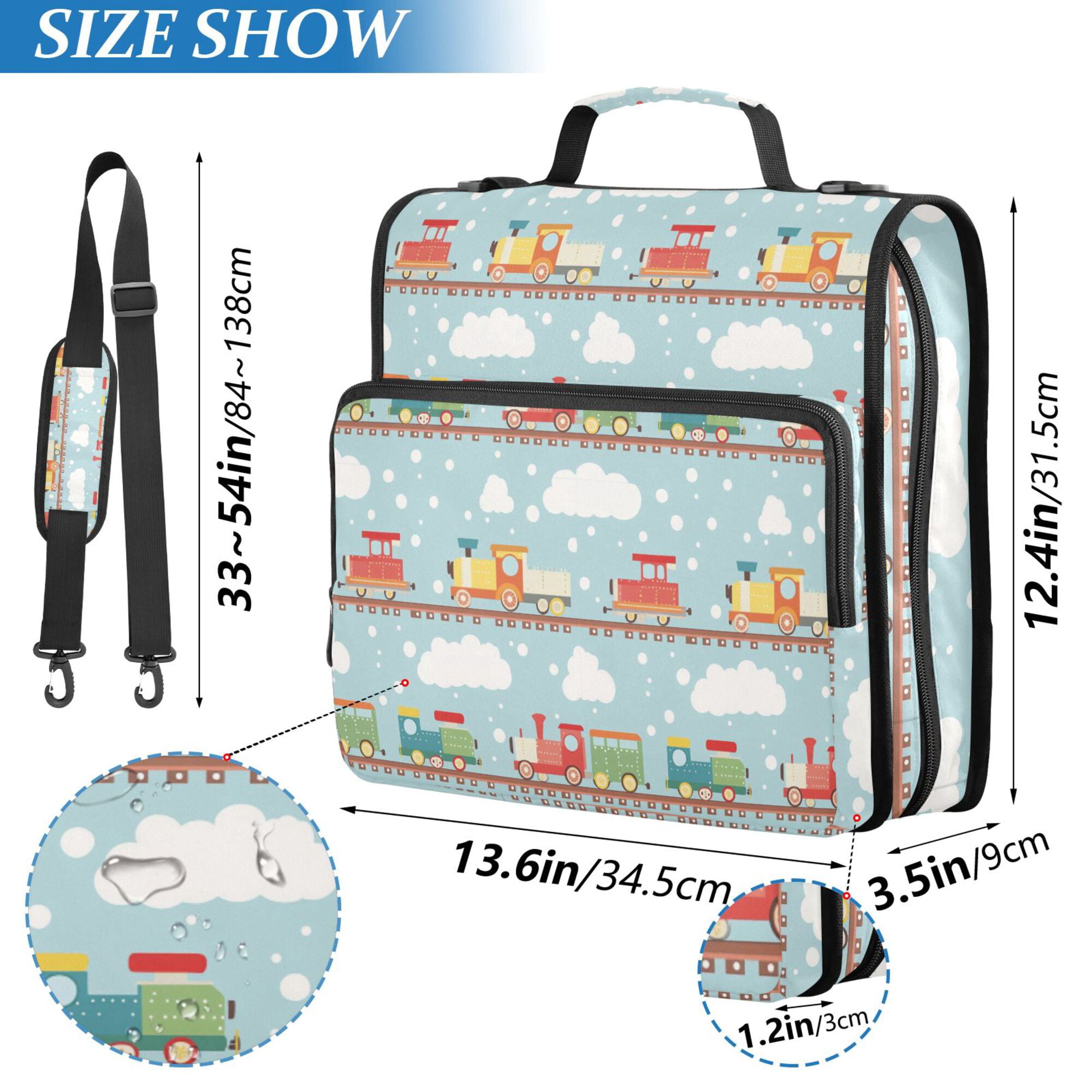 FORMRS Zipper Binder with Shoulder Strap 2-inch Ring 500 Sheet Capacity File Bag, Red Trains Pattern