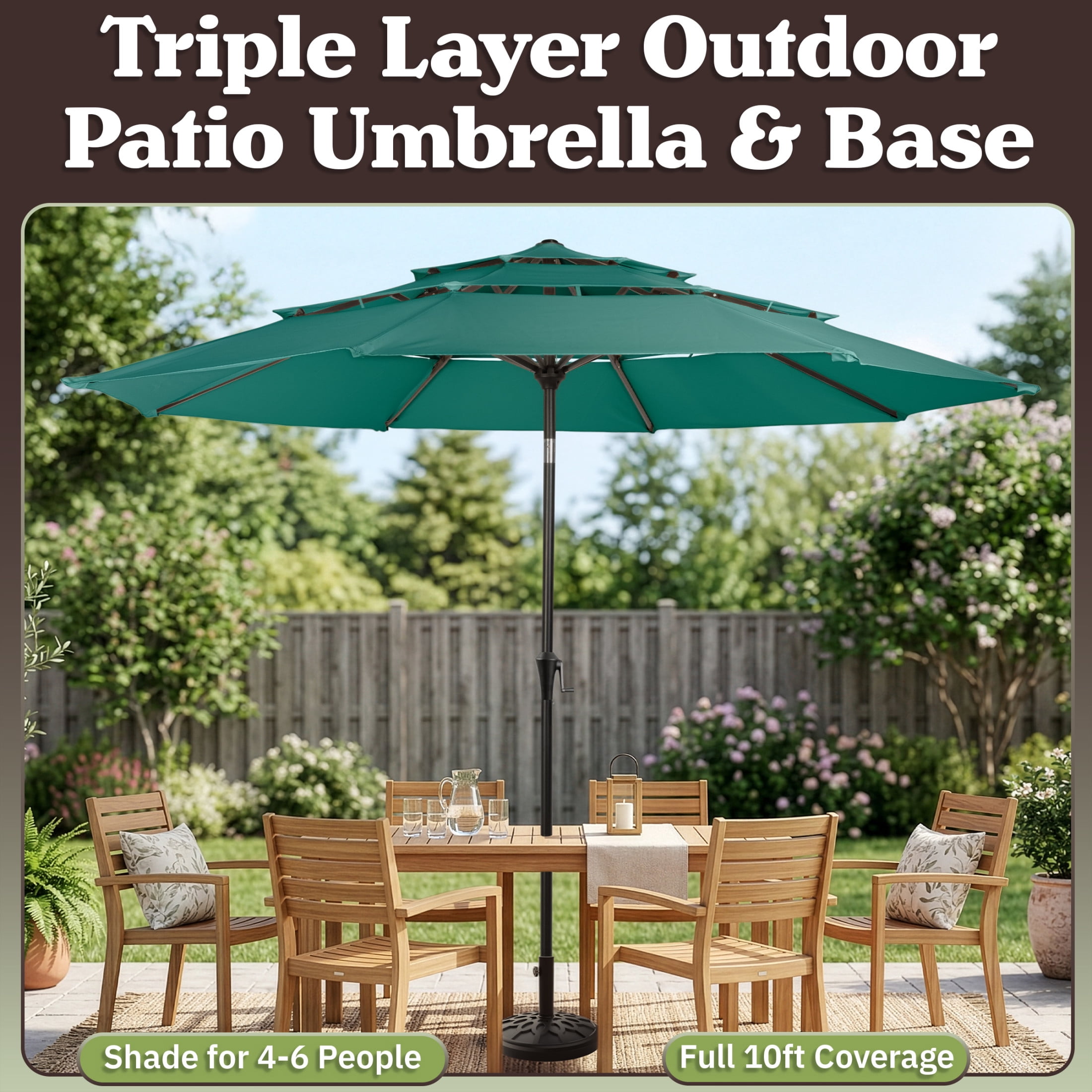 Pure Garden 10ft 3-Tier Umbrella for Patio Shade Canopy with 19lb Base, Dark Green