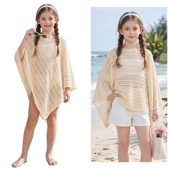 Kids Swim Cover Up Sheer Knit Poncho Crochet Tops Quick Dry Swim Dress Girl's Swimsuit Coverups 6-8 Years