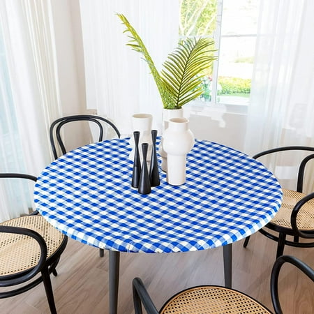 Sorfey Round Picnic Table Cover Checkered Fitted Tablecloth Blu 54 x 54