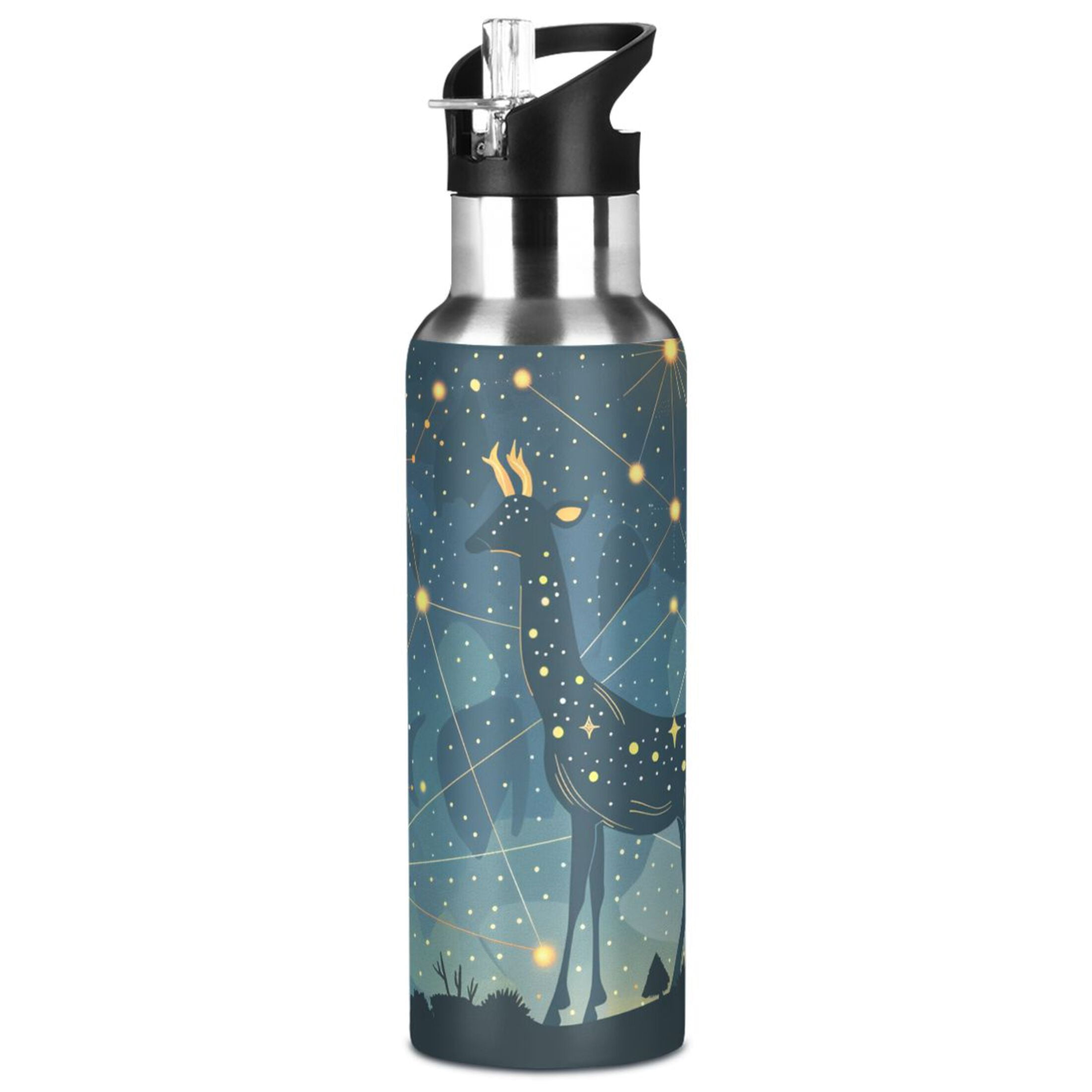 Constellation Deer Sports Bottle with Straw Stainless Steel Water Jug Portable Thermal Cup Leak-proof 600ML