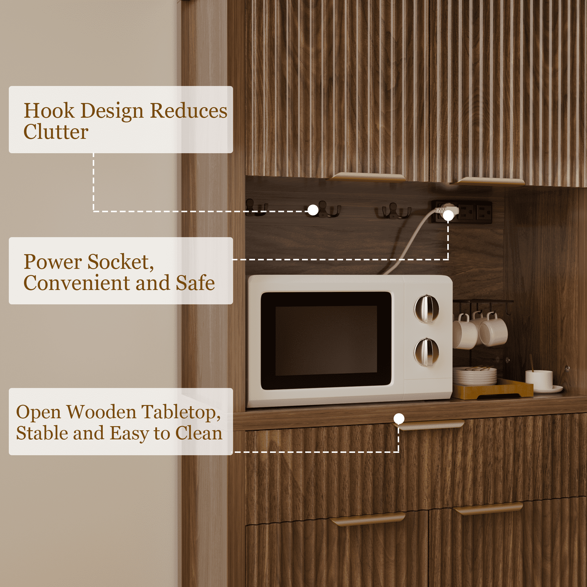 Laintene Kitchen Pantry Cabinet with Charging Station, 71" Tall Pantry Storage with Adjustable Shelves, Fluted Storage Cabinet with Open Countertop and Drawer for Dining Living Room, Walnut
