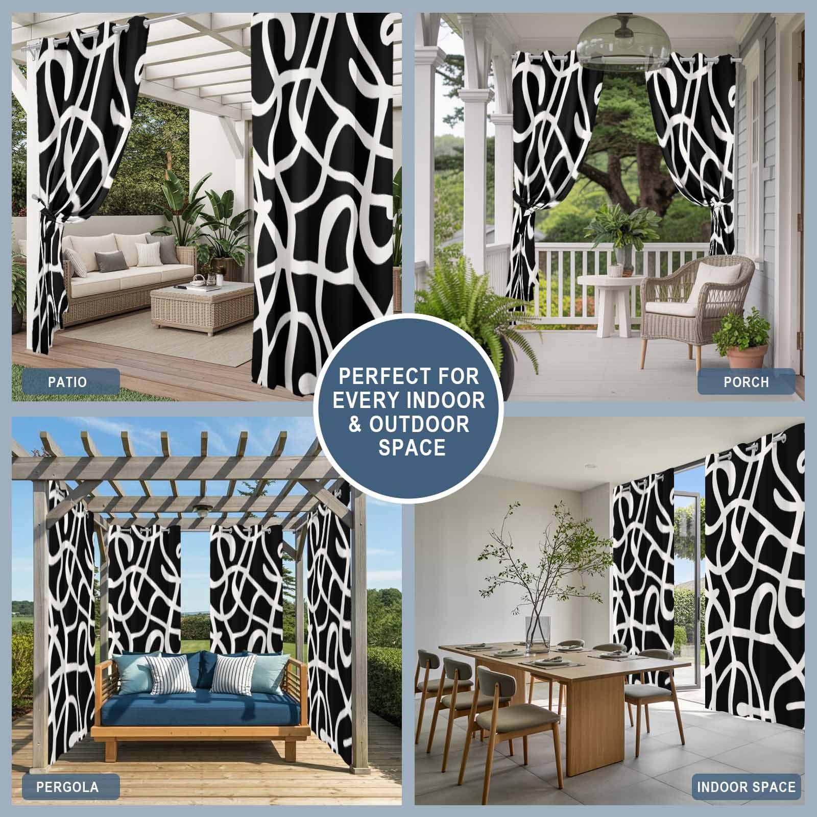 Abstract Line Outdoor Curtains for Patio, Retro White Wave Line Art Black Minimalist Sunshade Privacy Drapes Grommet Waterproof Outside Curtains for Porch/Cabana/Balcony 54"x 108", 1 Panel