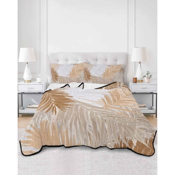 Quilts King Size, Orange Brown Palm Leaves Soft Comforter Bedding Set for Bed, Summer Tropical Plants Botanical Lightweight Quilted Bedspread with Pillow Cover(2 Pieces) for All Season, 96x106 Inch