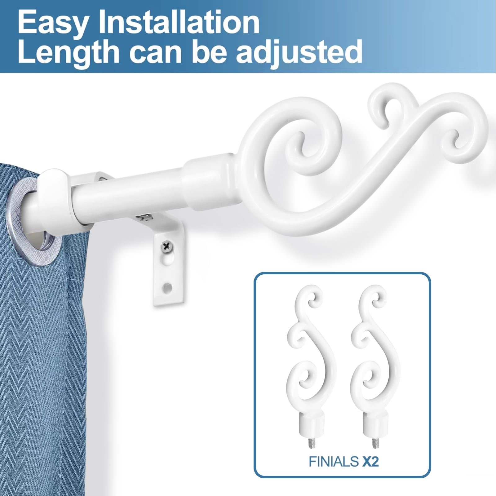 Urbanest Scroll Designer Single Curtain Rod – Decorative Metal Finials, 5/8" Diamter Drapery Hardware Set Window Treatments, 84" to 120", Glossy White