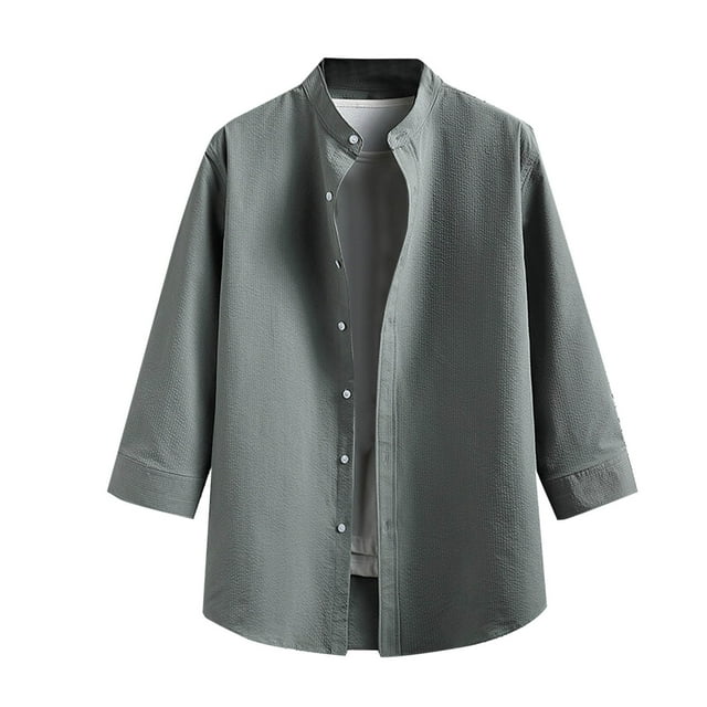 Dagugfen Work Shirts for Men Button up 3/4 Sleeve Stand Collar Loose Casual Office Tops Solid Color