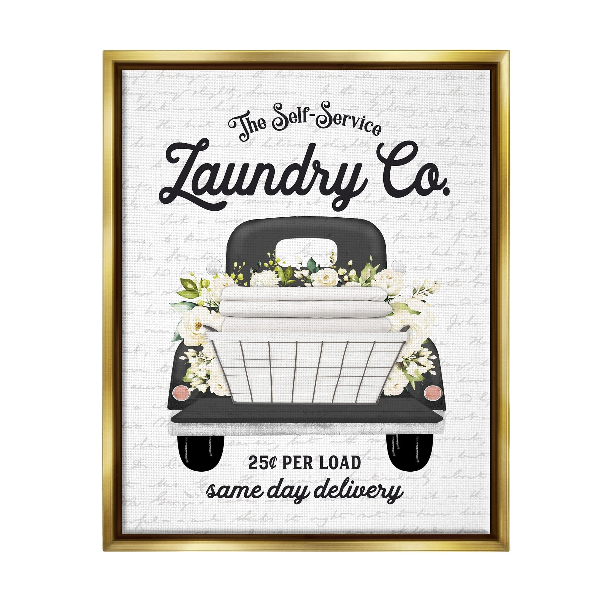Stupell Industries Laundry Co. White Flower Bouquet Truck Service Graphic Art Metallic Gold Floating Framed Canvas Print Wall Art, Design by Lettered and Lined