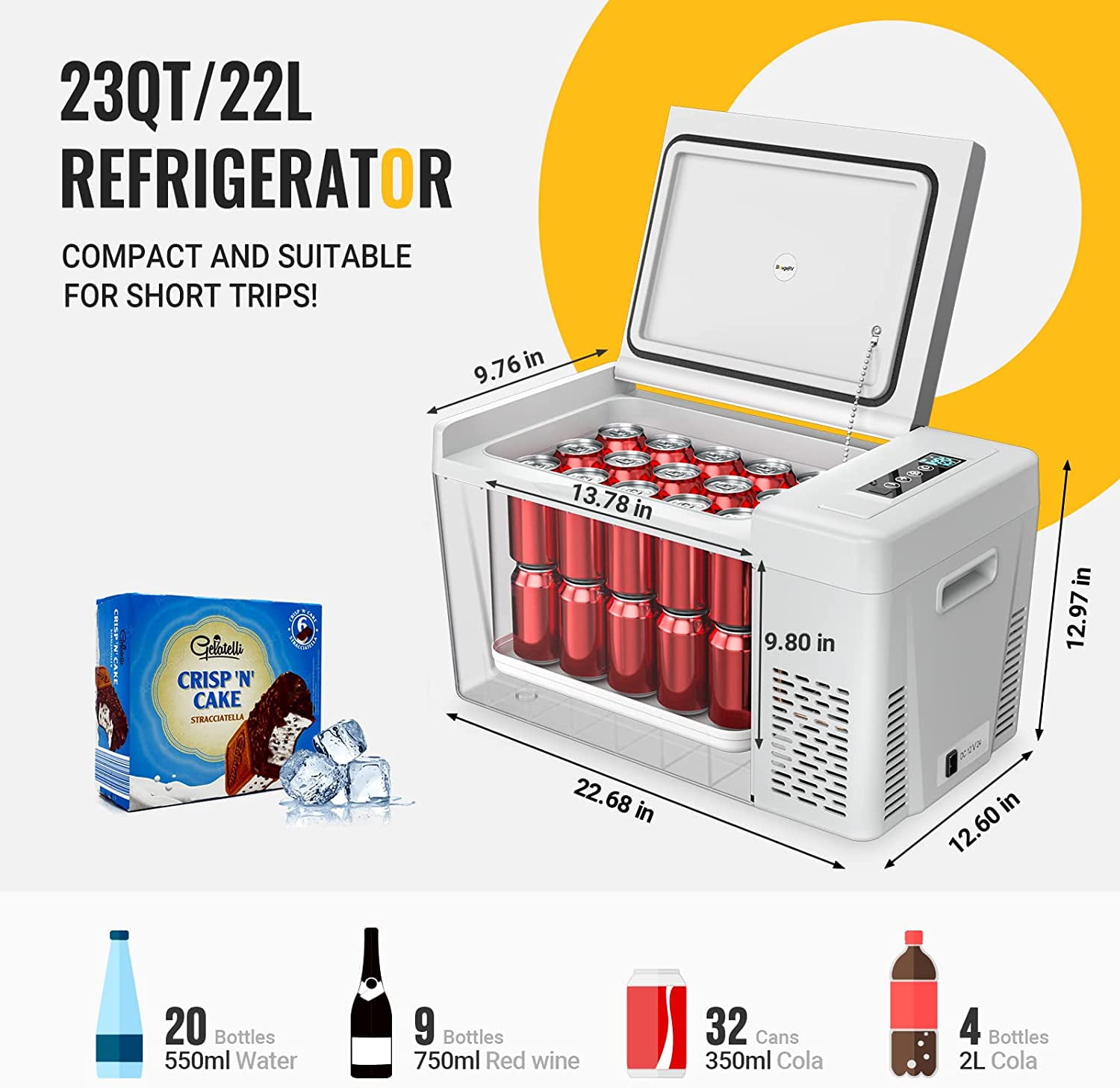 BougeRV Portable Car Refrigerator 23 Qt, 12 Volt Refrigerator Portable Freezer Compressor Cooler with -7℉~50℉ Cooling Range, 12/24V DC 110~240V AC for RV Truck Vehicle Boat Outdoor Use Gray