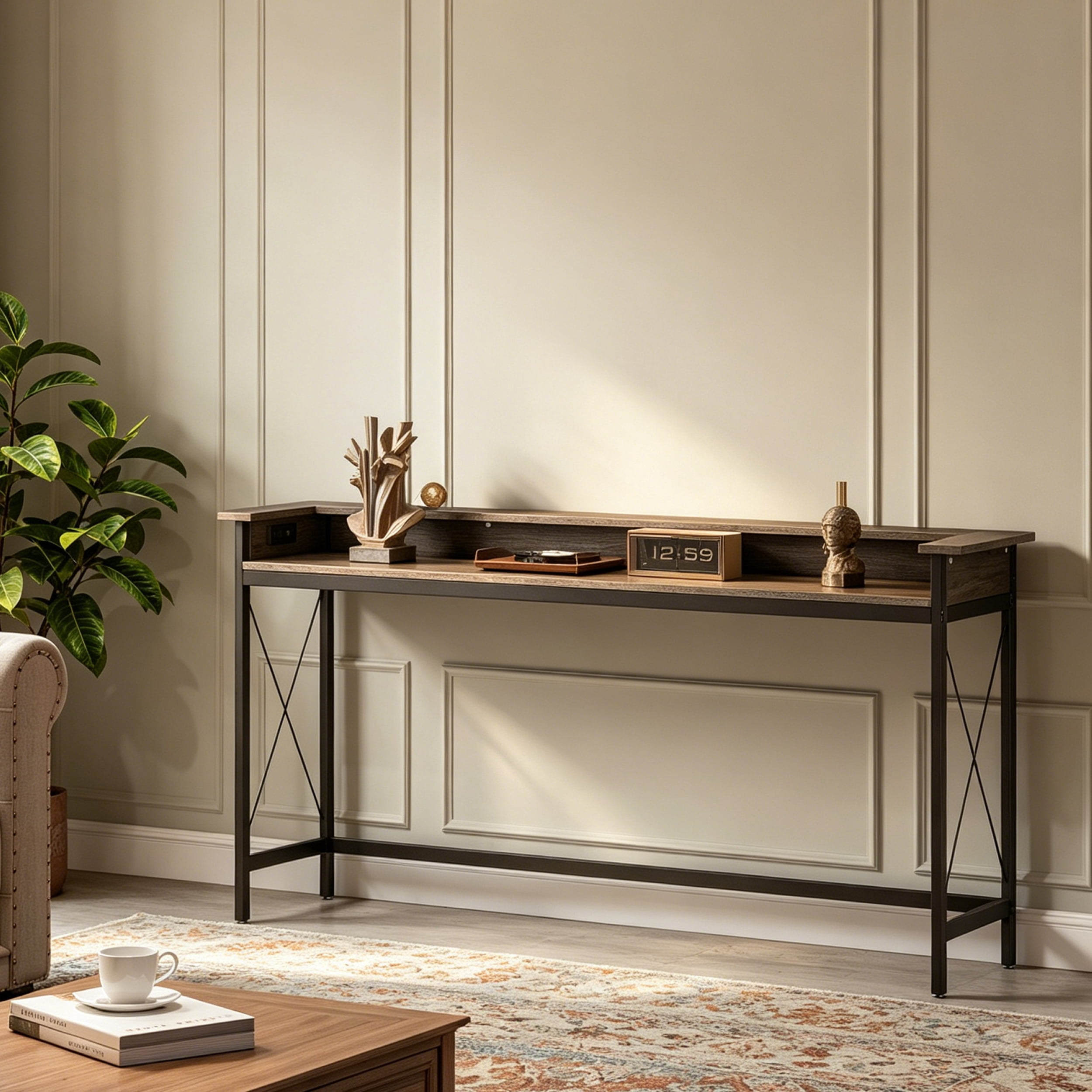 Fnova 70.9" Console Table, Extra Long Sofa Table with Outlets and USB Ports, Industrial Entryway Table with Charging Station, Narrow Hallway Accent Table for Living Room, Hallway, Foyer