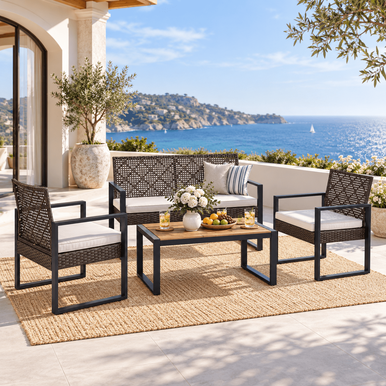 Seizeen Patio Furniture Sets on sale, 4-Piece Outdoor PE Rattan Conversation Set with Cushions, Porch Balcony Furniture W/Loveseat, 2 Armchairs and Acacia Wood Coffee Table, for Garden, Lawn