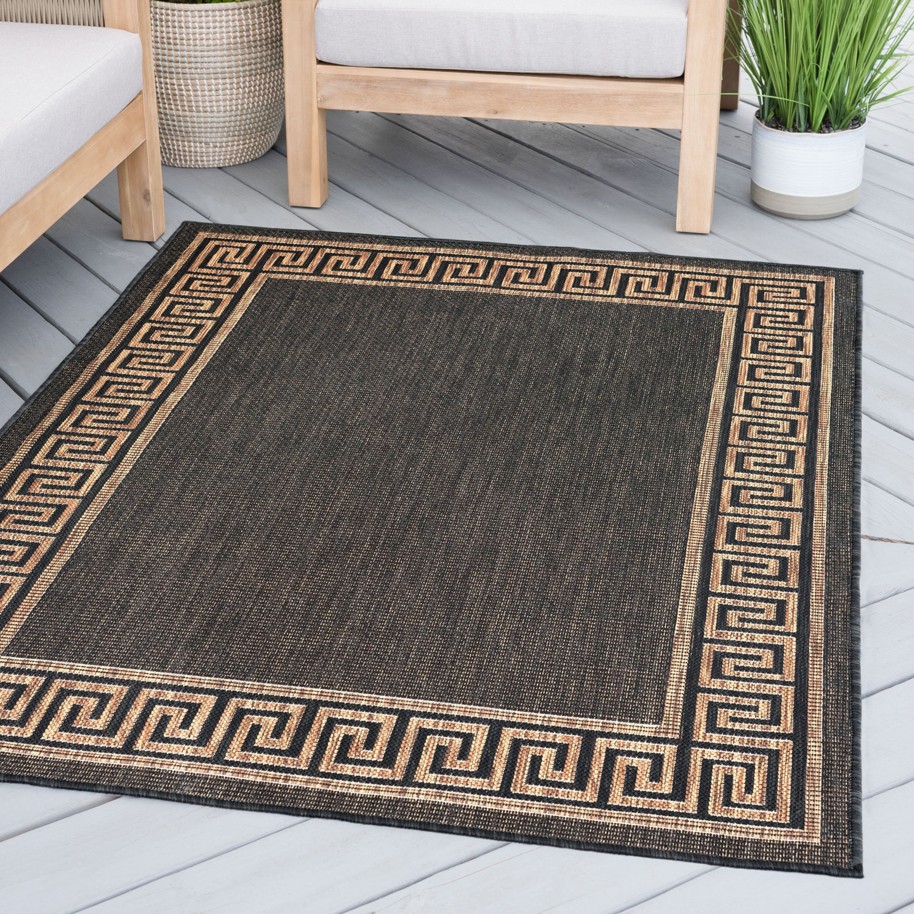 8x10 Water Resistant, Large Indoor Outdoor Rugs for Patios, Front Door Entry, Entryway, Deck, Porch, Balcony | Outside Area Rug for Patio | Gold, Greek Key | Size: 7'10'' x 10'2''