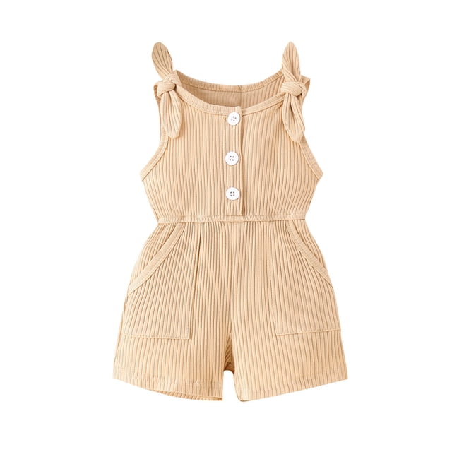 tarylea Toddler Girls Clothes Sleeveless Adjustable Strap Half Button Rompers Solid Color Ribbed Jumpsuits with Pockets Casual Trendy Summer Outwear Outfits for 6 Months-4 Years