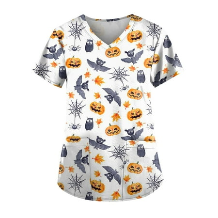 

Ovticza Women s Scrub Bottoms Halloween Novelty Print V Neck Nursing Womens Scrubs Top Uniforms Short Sleeve with Pockets Nurses Fall Scrub Tops White 5XL