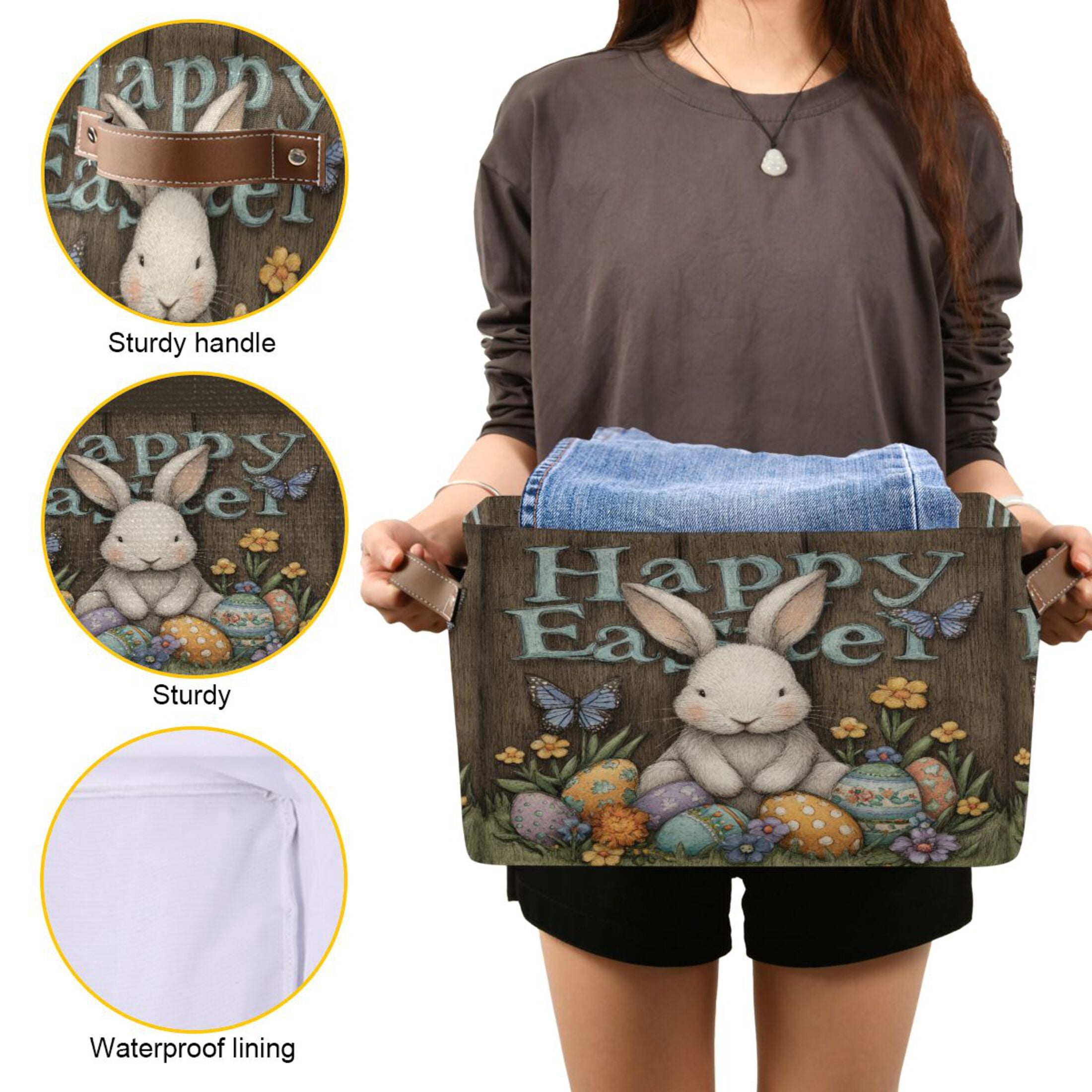 Wobogo Cute Easter Bunny Square Storage Basket Set of 2 with Waterproof Canvas and PE Lining Durable PU Leather Handles 14.2×10.2×8.3in