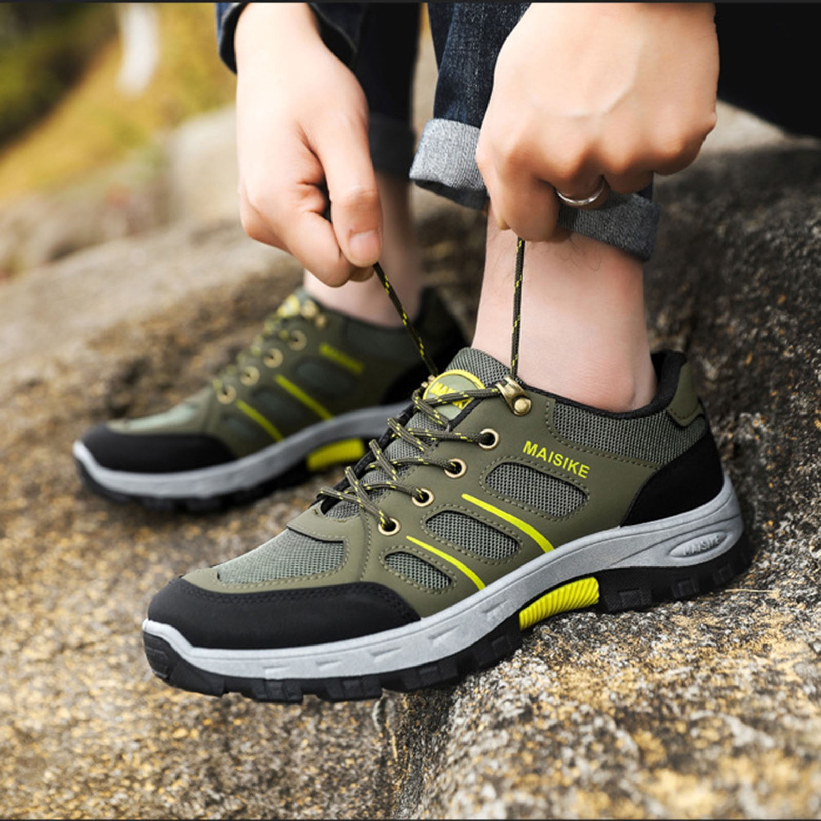 Mens Hiking Sneakers Lightweight Breathable Non Slip Outdoor Trail Shoes Quick Lace Army Green,Size 7