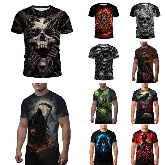 Y-Sunset Halloween T-Shirt for Men, Funny Skeleton Graphic Short Sleeve Crew Neck T-Shirt, Novelty Short Sleeve Crewneck Shirt