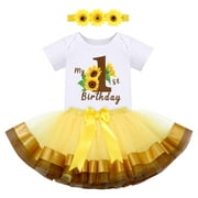 FYMNSI Baby Girl First Birthday Outfit Flower Theme Cotton Short Sleeve Romper Tutu Tulle Skirt Crown Headband 3pcs Set 1Y Yellow