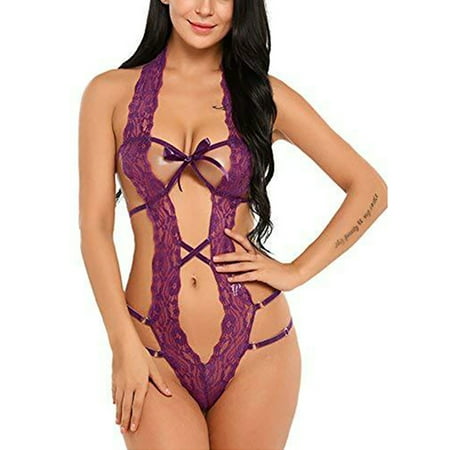 

Woobling Women Lingerie Lace Bodysuit Halter Neck Mini Babydoll One Piece Ladies Teddy Floral Hollow Out Purple 2XL