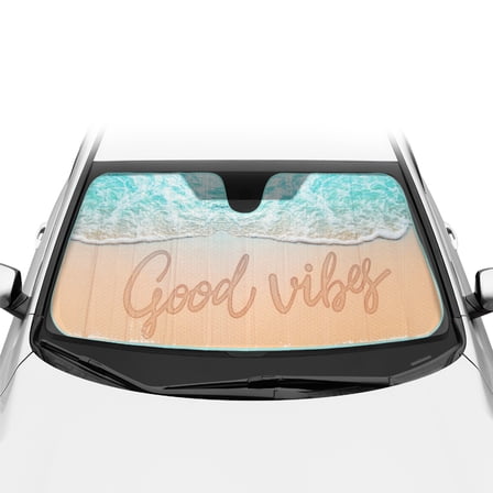 BDK Good Vibes Beach Wave Front Windshield Sunshade Accordion Folding Style Auto Shade for Car Truck SUV Van Blocks UV Rays Sun Visor Protector Easy Setup Keeps Your Vehicle Cool - 58 x 27 inches