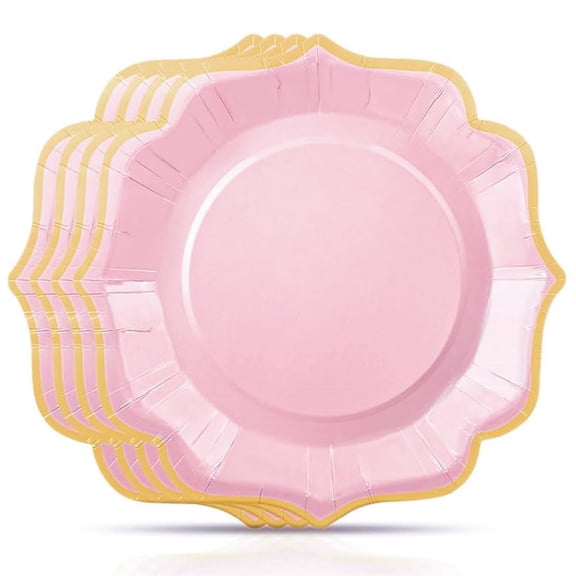 HYG Pink Scalloped Food Plates 30 Pcs Disposable Dessert Tray with Gold Foil 8.4 inch Thicken Paper Plates for Christmas Wedding Birthday Picnic Dinner Table Decorations