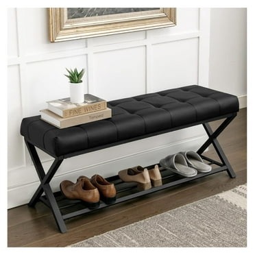44.5” End of Bed Bench with Shelf, Linen Tufted Upholstered Storage Shoe Bench, Modern Bedroom Bench with Metal Legs for Living Room, Entryway, Dining Room, 300 LB, Black