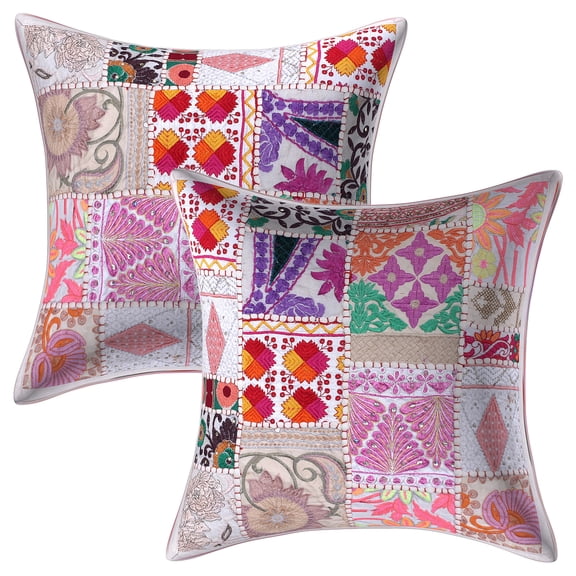 Stylo Culture Ethnic Cotton Home Decor Throw Pillow Covers White 16x16 Bohemian Vintage Patchwork Ethnic Sofa Cushion Covers 40 x 40 cm Living Room Floral Square Pillow Cases | Set Of 2