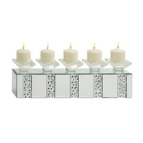 DecMode 5 Holder Silver Glass Pillar Candelabra with Mirrored Accents and Crystals