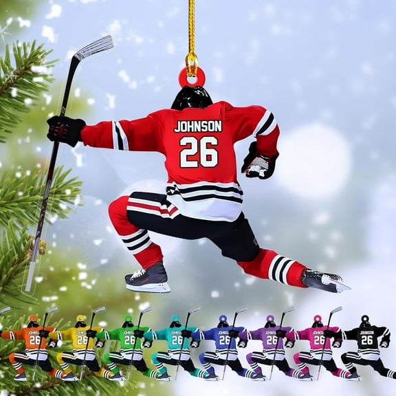 HomeDesign Personalized Hockey Christmas Ornament, Hockey Skates Helmet and Stick, Hockey Player Ornament, Hockey Ornaments, Gift for Hockey Lovers Hockey Ornament Christmas Decor (H1) (Red)