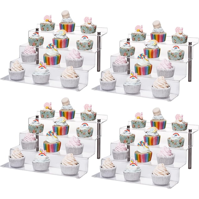 CECOLIC Acrylic Riser Shelf 4 Tier Clear Display Stand for Collectibles Pop Figures, Cupcakes, Perfumes, Display Risers for Decorating & Organizing - 4 Pack (11.8 x 10.8 x 6.5in)