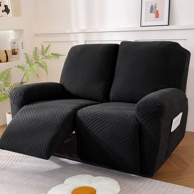 Nvzi Funda de sofá elástica de poliéster jacquard, funda de sillón reclinable para sala de estar, fácil de instalar, lavable, protector de sofá de 2 plazas (negro)