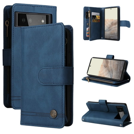 Case for Google Pixel 6 Pro 5G Cover Zipper Pocket Wallet Case Magnetic Protective - Blue